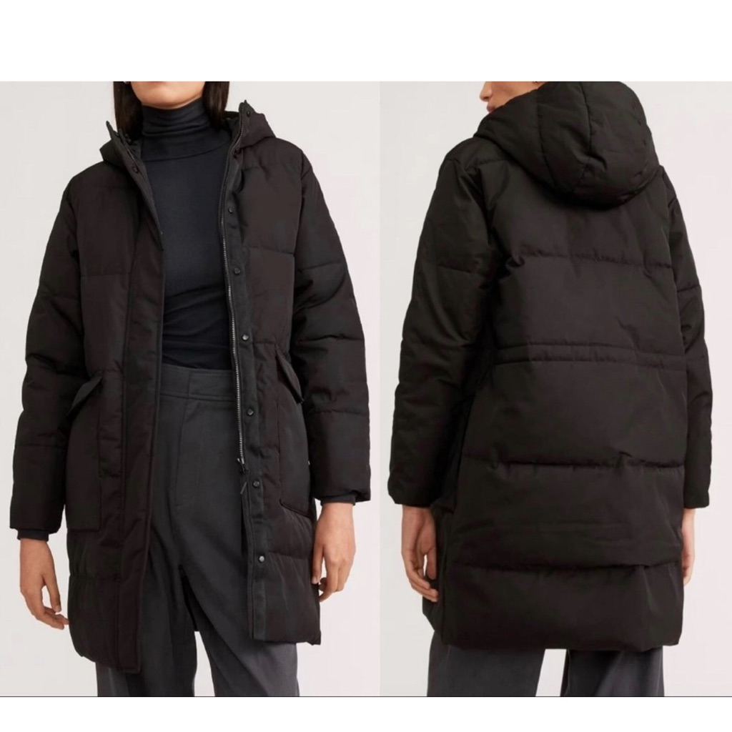 Everlane The Renew Long Puffer Hooded Black Coat Size Small